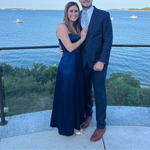 A & F Camille Dress. Size small. Satin navy blue. Worn once. Like new.